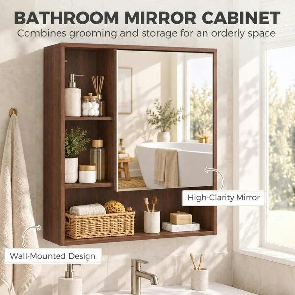 Bathroom Mirror Cabinet, Wall-Mounted Bathroom Cabinet with Mirror Door, Adjustable Shelves, Walnut Brown