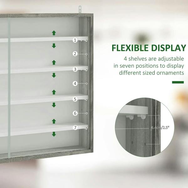 Grey wood-grain display cabinet with glass doors and adjustable interior shelves