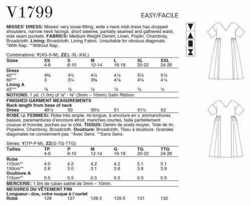 Vogue Sewing Pattern 1799, Dresses for Women, Y (XS-S-M) - Easy