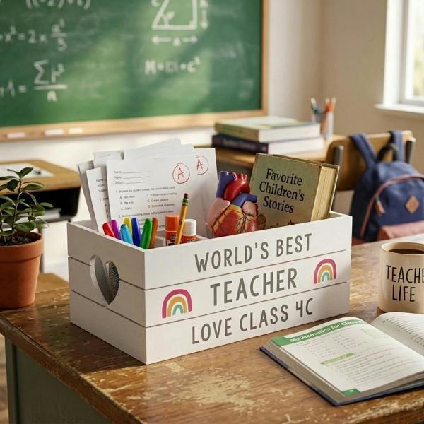 Personalised white wooden teacher crate with rainbow details, filled with books and stationery on a school classroom desk.