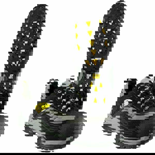 Caterpillar Moor Mens/Womens Safety Steel Toe SB Work Trainers Shoes, black and grey safety work trainers with steel toe cap and rugged sole for durability.