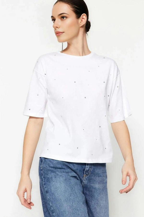 WOVCOR 100% Cotton Stone Detail Crew Neck Knitted T-Shirt