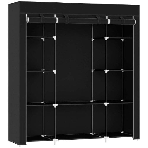 Portable Wardrobe, Foldable Fabric Wardrobe, 150 x 43 x 162.5cm, Clothes Storage Organiser - Hanging Rail, Shelves, Fabric Cover, Black