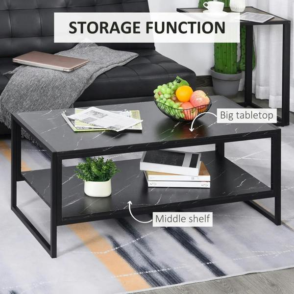 Black faux marble coffee table with middle storage shelf and open metal frame