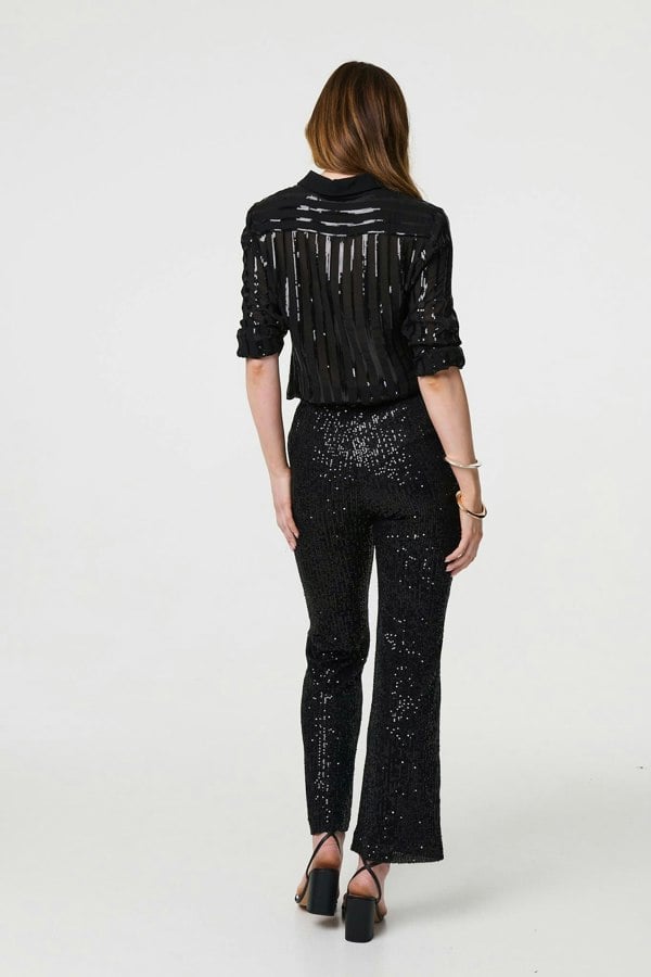 Black | Sequin Striped Sheer Long Sleeve Shirt
