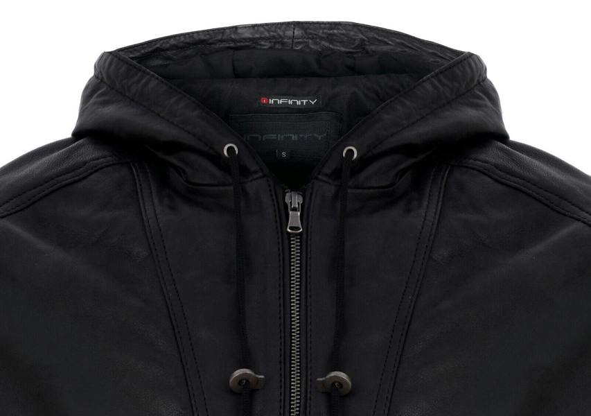 Infinity Leather Mens Vintage Zipped Leather Hooded Bomber Biker Jacket