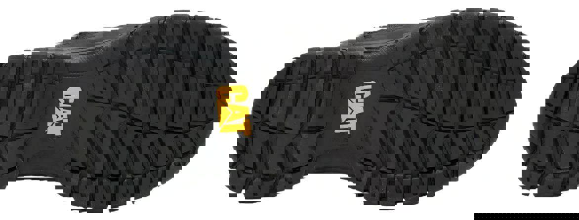 Caterpillar Threshold Hiker Low Mens Casual Leather Lace Up Trainer Shoes, close-up view of the rugged black rubber outsole with deep grooves and the yellow CAT logo.