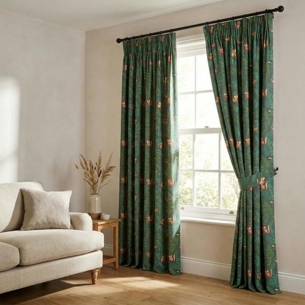 Forest made-to-measure curtains in Jade, styled in a living room