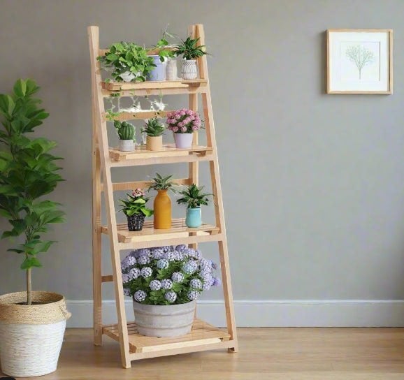 Modcraft 4-Tier Foldable Wooden Plant Stand – Ladder Shelf Display Rack - Natural Colour