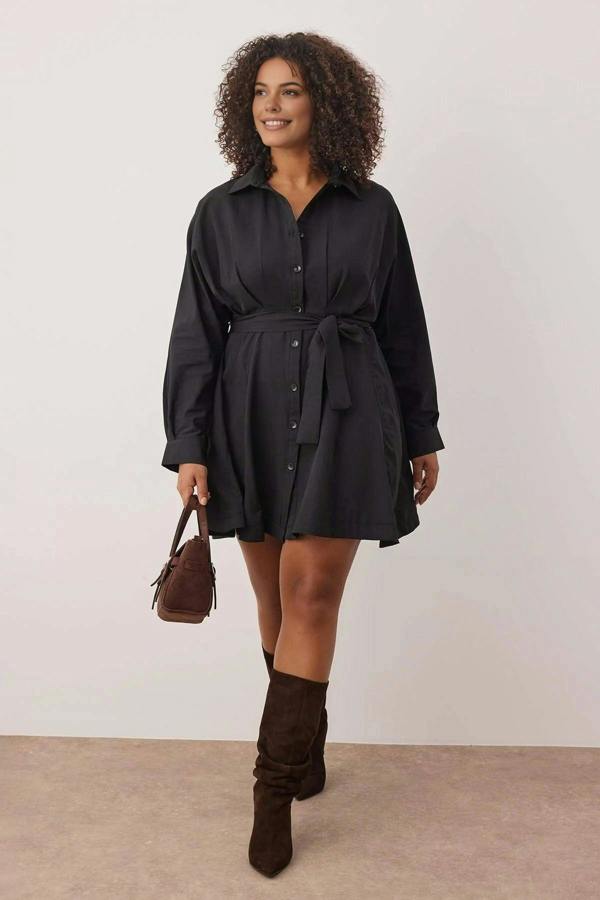 WOVCOR Mini Woven Belted Plus Size Shirt Dress