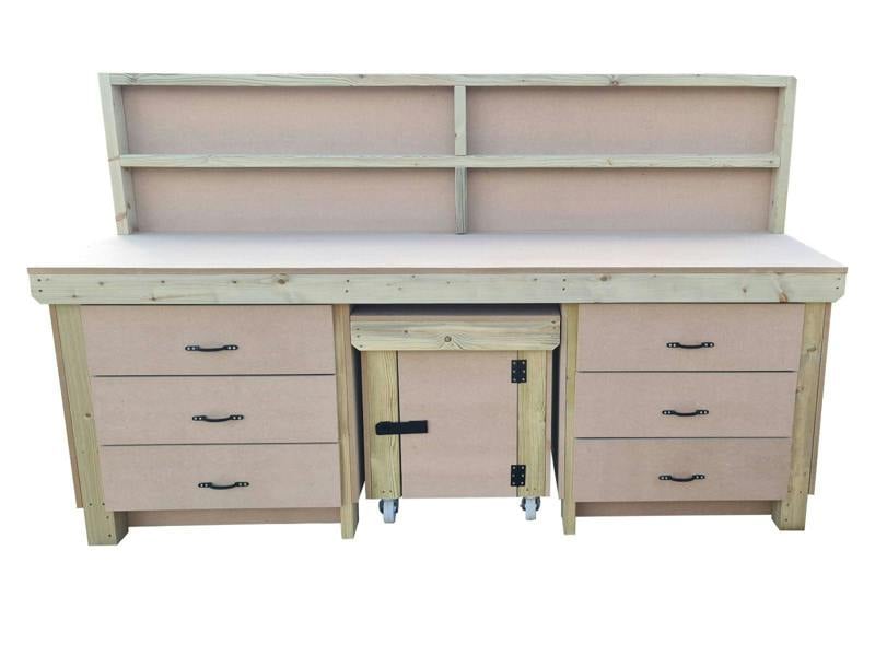 Wooden MDF Top Workbench (V.5) – Sturdy Workstation with Drawers, Back Panel and Functional Lockable Cupboard, Ideal for Garages, Workshops, and Studios
