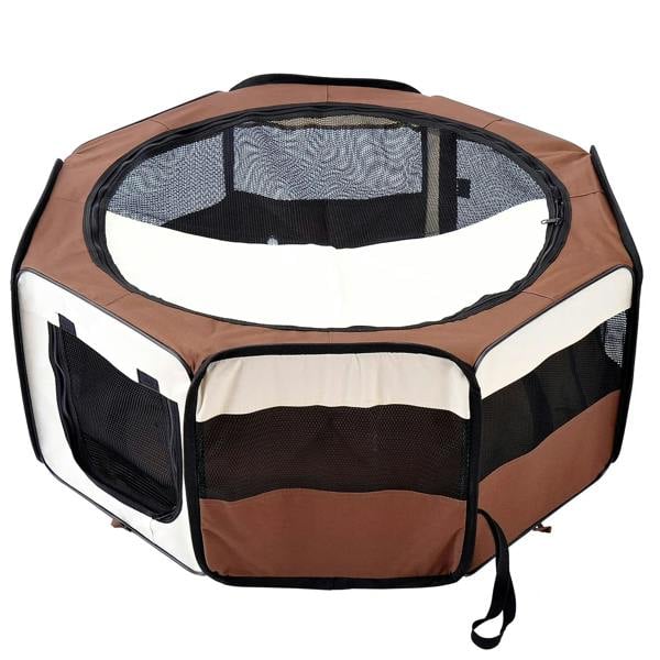 Portable pet playpen with mesh panels, brown fabric, black edges, and zippered front door.