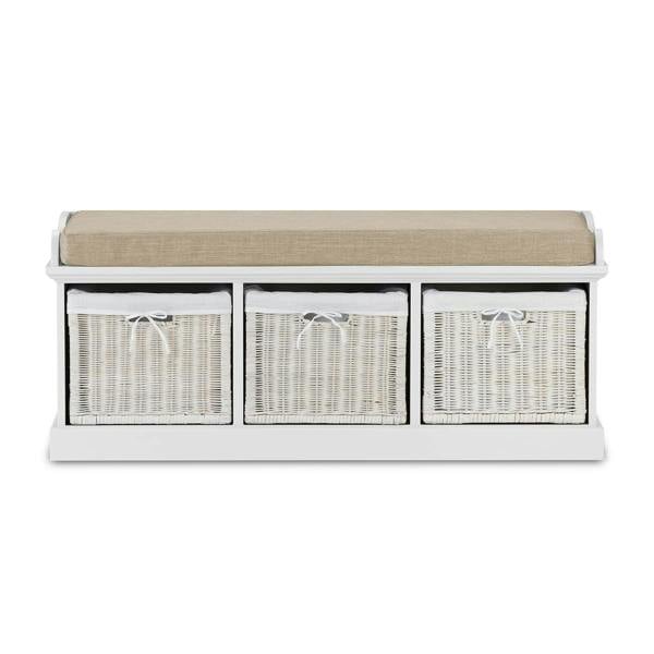 Statement Furniture Tetbury White Bench with White Wicker Baskets and Cream Cushion