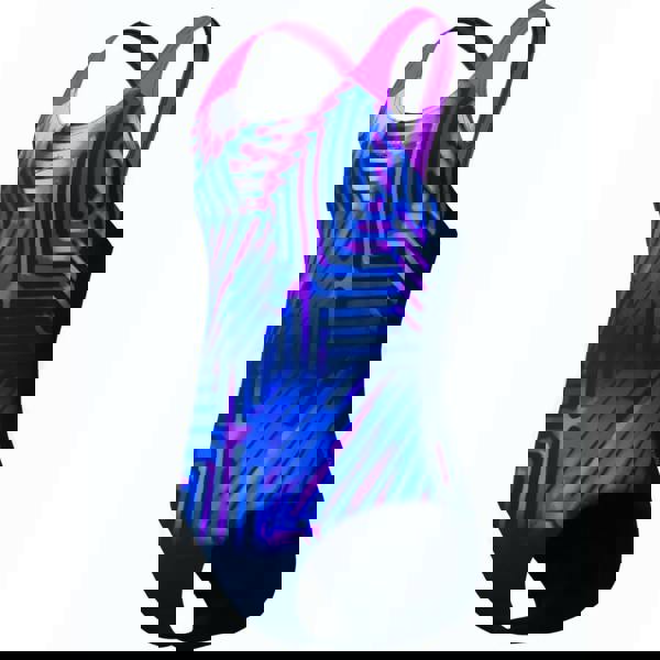 Navy pink Speedo girls digital placement splashback swimsuit with blue purple abstract print and crisscross back