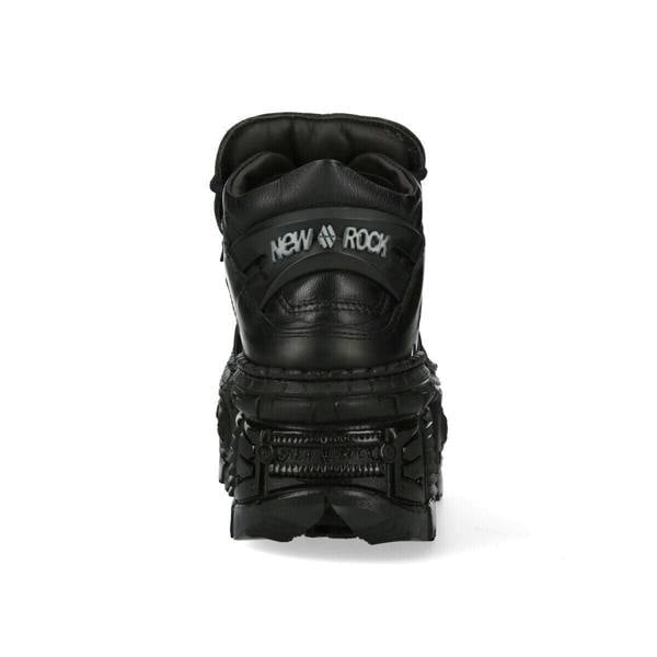 New Rock Metallic Ankle Black Leather Boots-WALL106-S12
