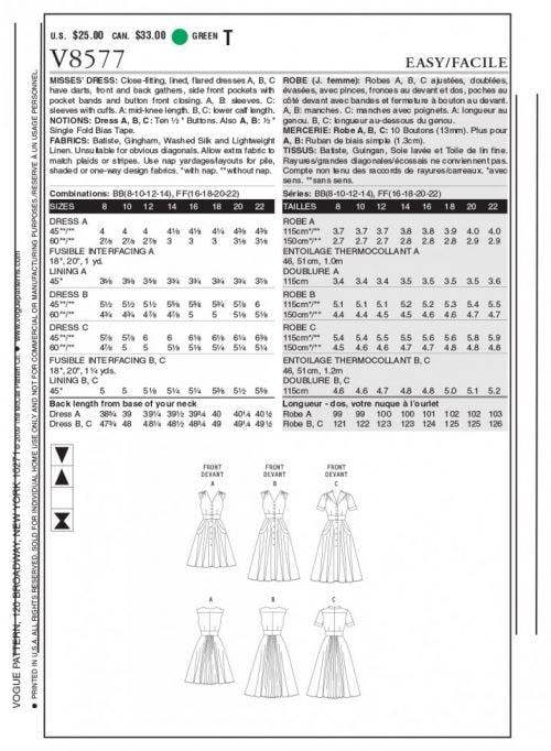 Vogue Sewing Pattern 8577, Dresses for Women, 8-10-12-14 - Easy