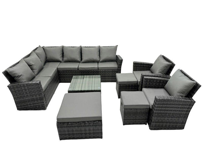 Fimous 11 Seat Poly Rattan Outdoor Patio Coffee Table Corner Sofa Set with 3 Stool 2 Chairs for Garden Backyard Dark Grey Mixed
