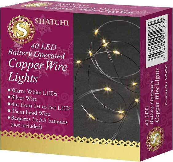 Shatchi 4m 40 LED Fairy String Lights, Silver Copper Wire, Warm White, Battery Operated, Waterproof, 2 Pack