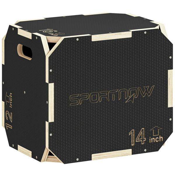 Black non-slip plyometric jump box, corner-free wooden design with 14-inch label