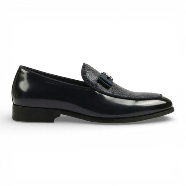 Dolcetto Mens Navy Blue Textured Front Iconic Buckle Bow Loafers Shoes