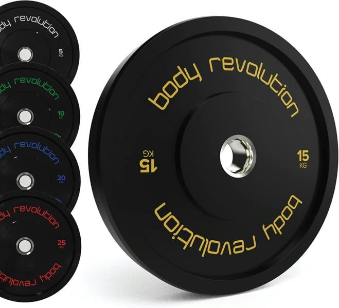 Black Olympic bumper plate from Body Revolution, 15kg, featuring a durable rubber texture and gold lettering for easy identification
