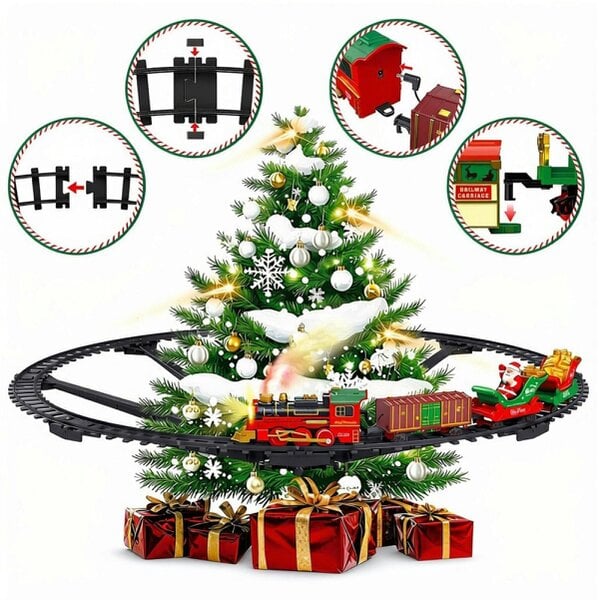 deAO 53-Piece Christmas Steam Train Set with Lights, Music, Smoke & Santa Track for Kids 3+