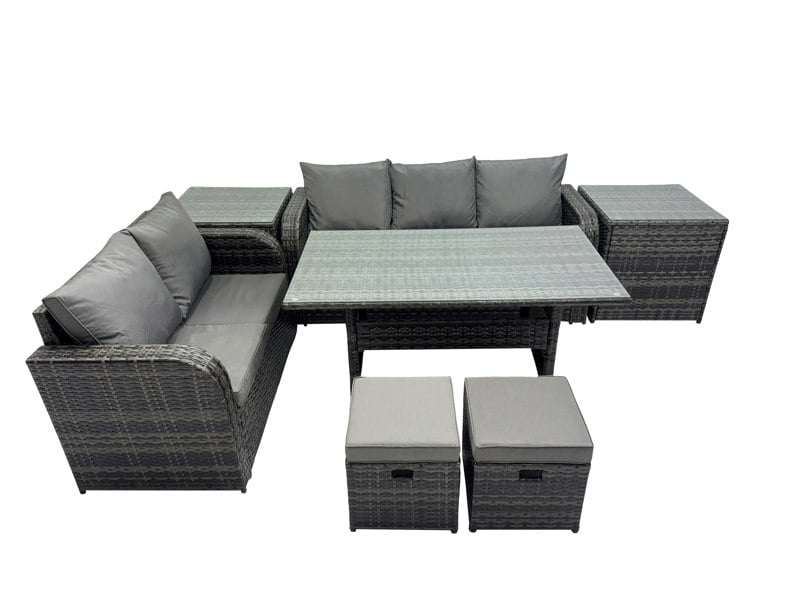 Fimous 7 Seat Outdoor Wicker PE Rattan Garden Furniture Set Dining Table Sofa Sets with 2 Side Tables Small Stool Dark Grey Mixed