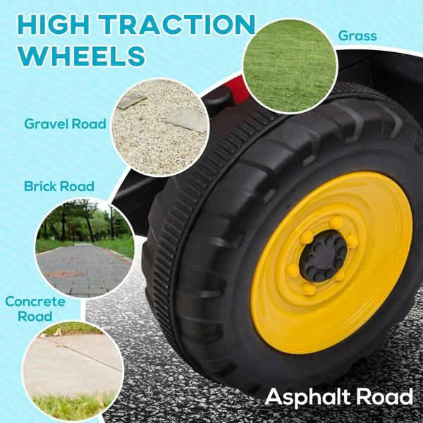 Red ride-on tractor wheel with black tire, yellow rim, and deep tread pattern