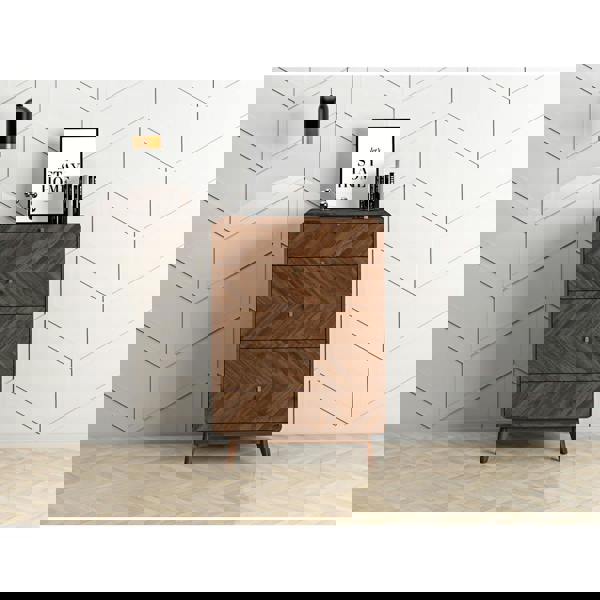 5 drawer chest on show in a modernly decorated room.