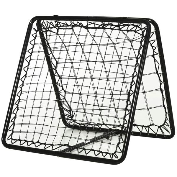 Black double-sided training rebounder net goal frame, angled for kickback practice