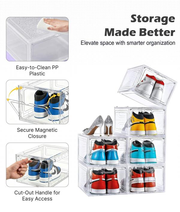 ADOV Shoe Storage Box 6 Pcs, Transparent Stackable Plastic Shoe Organiser Boxes with Lids