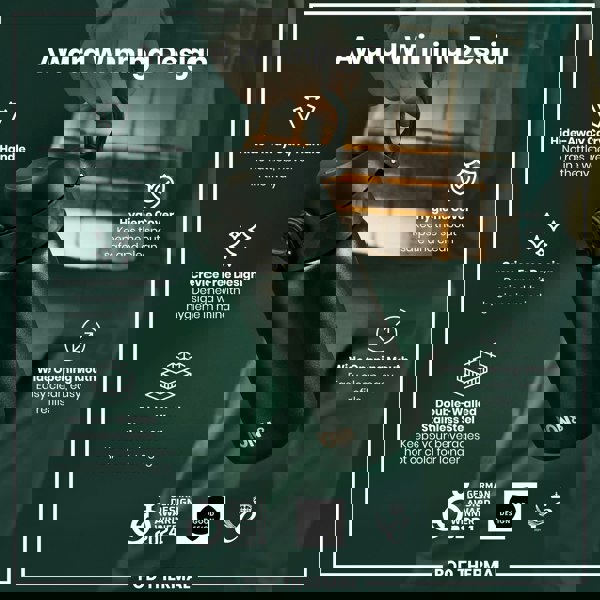 A dark-green thermal bottle is being held; it features a hide-away handle, wide mouth, and hygienic design. The bottle is an award winner.