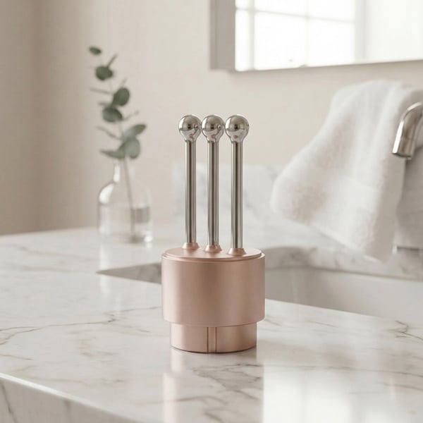 Close-up of the Innocera Platinum Fine Line & Wrinkle treatment head with three slim metal probes, displayed on a marble bathroom counter.  Image 9