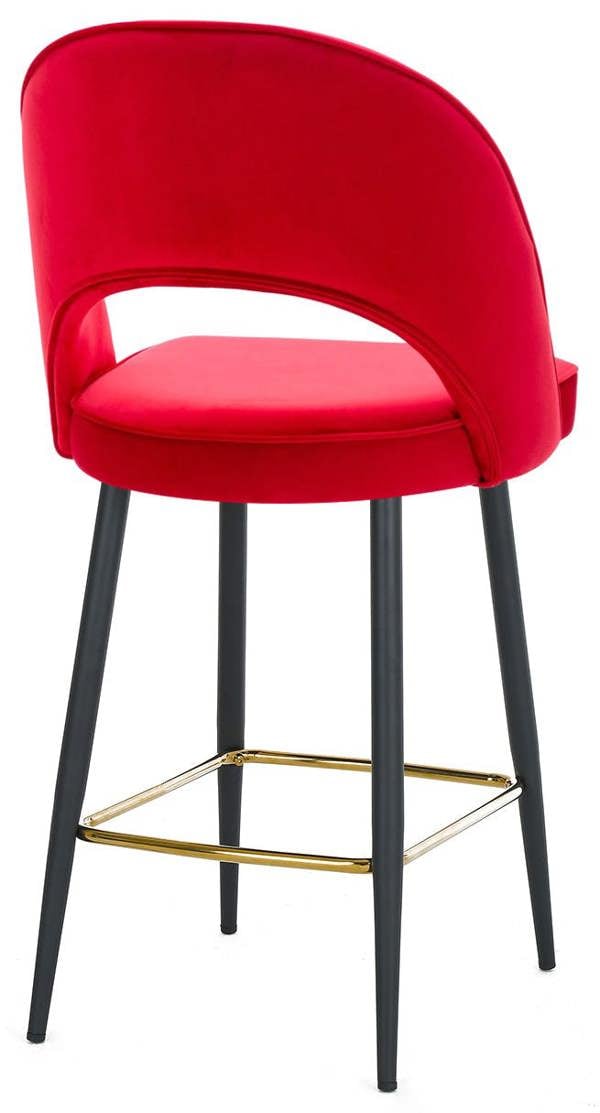 Lamboro Chelsea Velvet Bar Stool, Red, Black Legs with Gold Footrest, Padded Seat