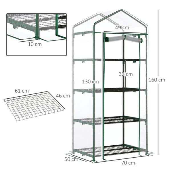 Green mini greenhouse dimensions view with clear cover, four tiers, metal frame