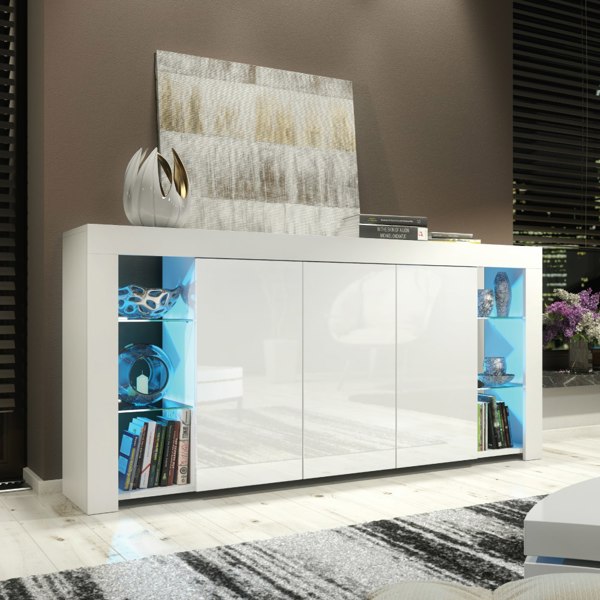 Mex Furniture Exclusive 164cm High Gloss White Sideboard TV Cabinet & Free LED Lights Modern Design