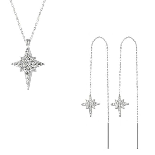 Spero London Northern Star Polaris Sterling Silver Necklace and Drop Chain Earring Set