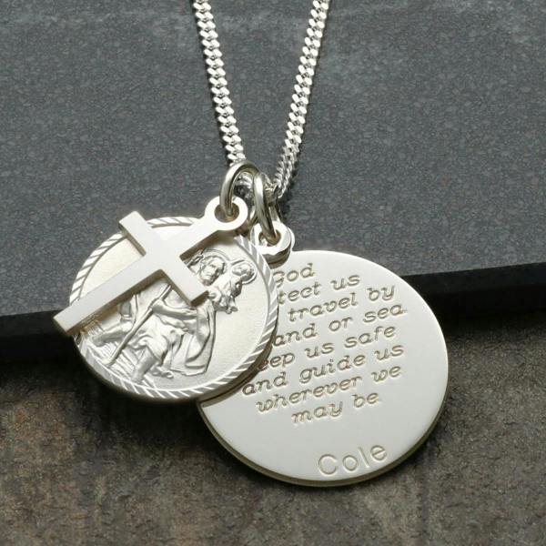 Christopher James of London Sterling Silver Personalised St Christopher With Travellers Prayer Disc, Cross & Optional Engraving