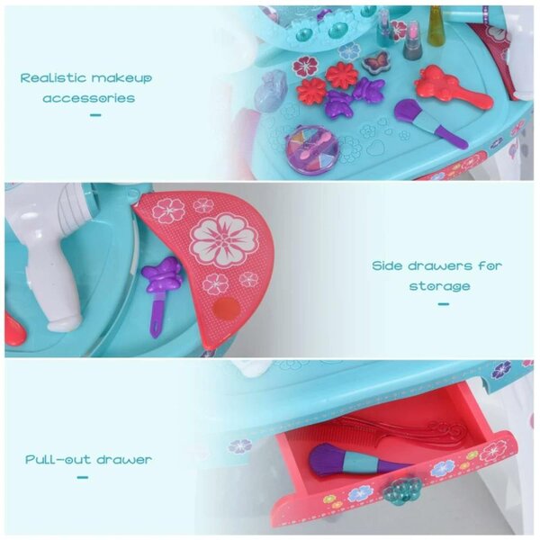 HOMCOM Kids Pretend Play Plastic Vanity Table Set - Blue