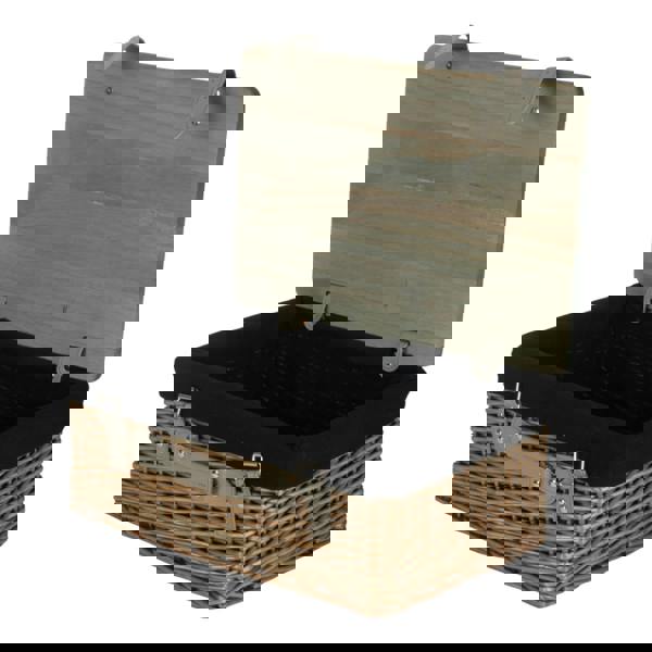 Antique Wash Black Lined Willow Picnic Basket with Pinewood Lid