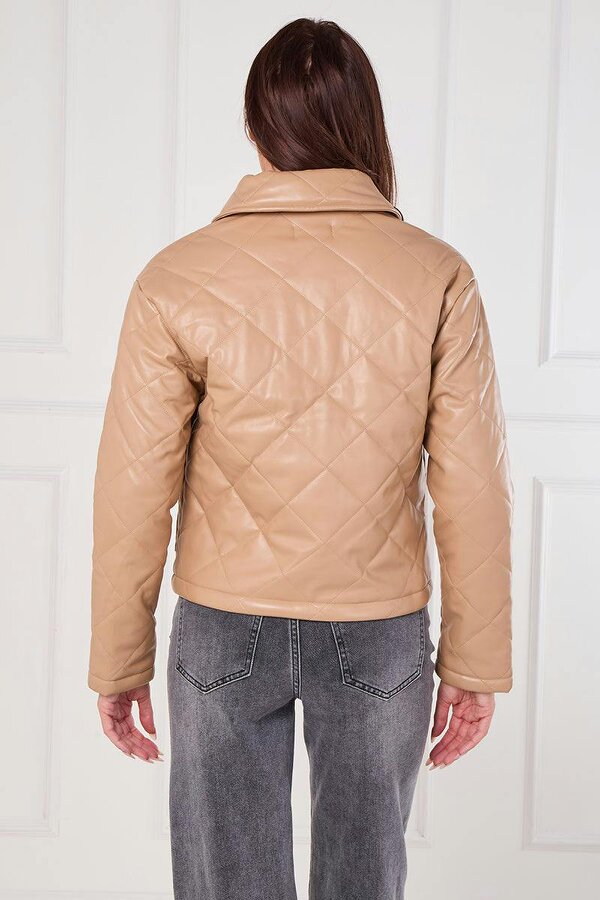 Elaina Fashion Beige Quilted Faux PU Jacket