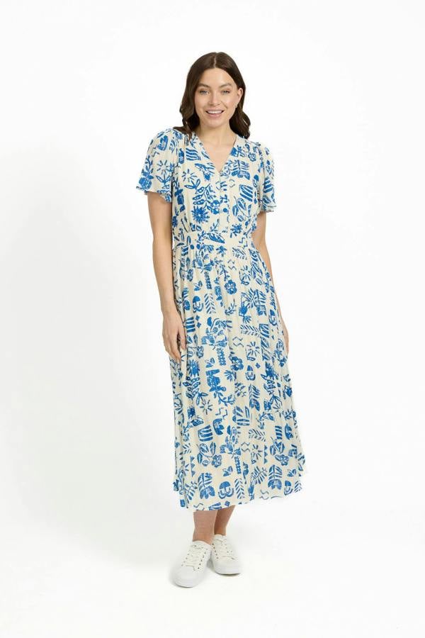 Mudflower Leaf Print Button-Up V-Neck Lurex Dress