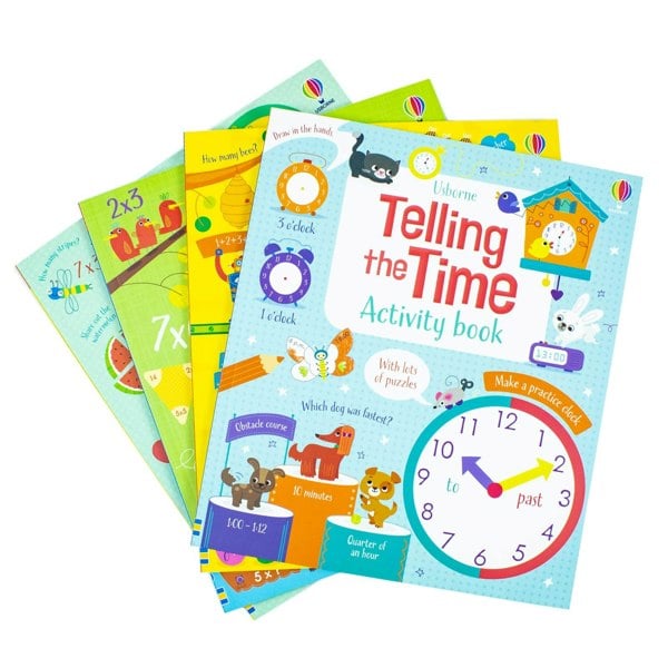 Educational Workbooks 4 Book Set: Addition & Subtraction, Times Tables, Telling the Time & More