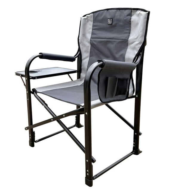 The OLPRO Directors Camping Chair in grey with the side table up pictured with a white background.