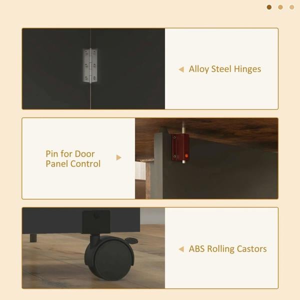 Folding dining table hardware close-up with metal hinge and rolling caster wheels.