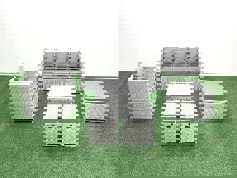 Fimous Rattan Garden Furniture Set with 3 Seater Sofa Chair Rectangular Coffee Table 3 Footstools Light Grey Mixed 6 Seater