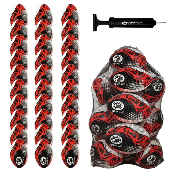 Optimum Bulk Razor Rugby Ball in Red — pack of 30 with free pump and carrier