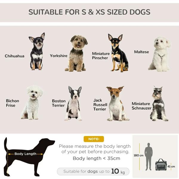Pet carrier sizing chart with dog silhouettes and body-length guidance