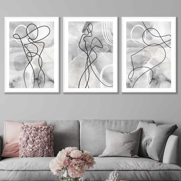 Artze Wall Art Abstract Set of 3 Fashion Line Framed Prints in Black & Grey