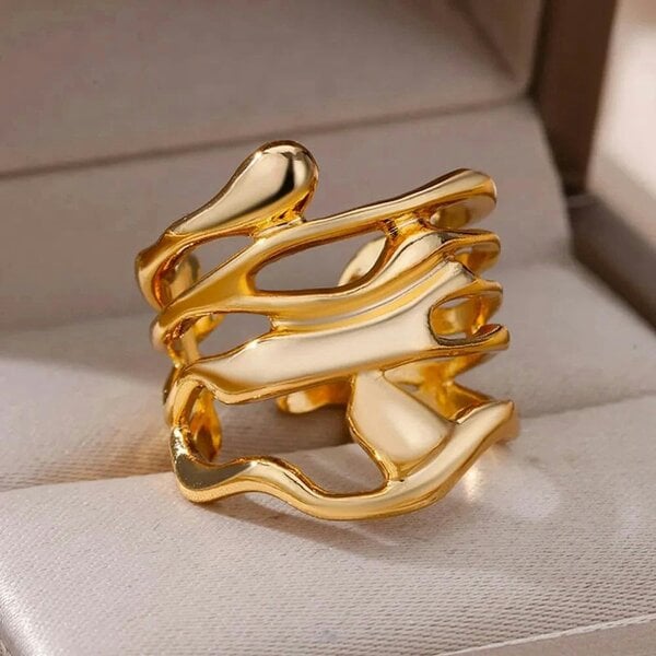 The Colourful Aura Abstract Fluid Wrap Wide Adjustable Band Gold or Silver Ring